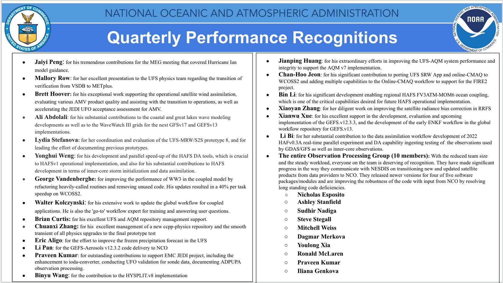 NOAA Quarterly Performance Recognitions